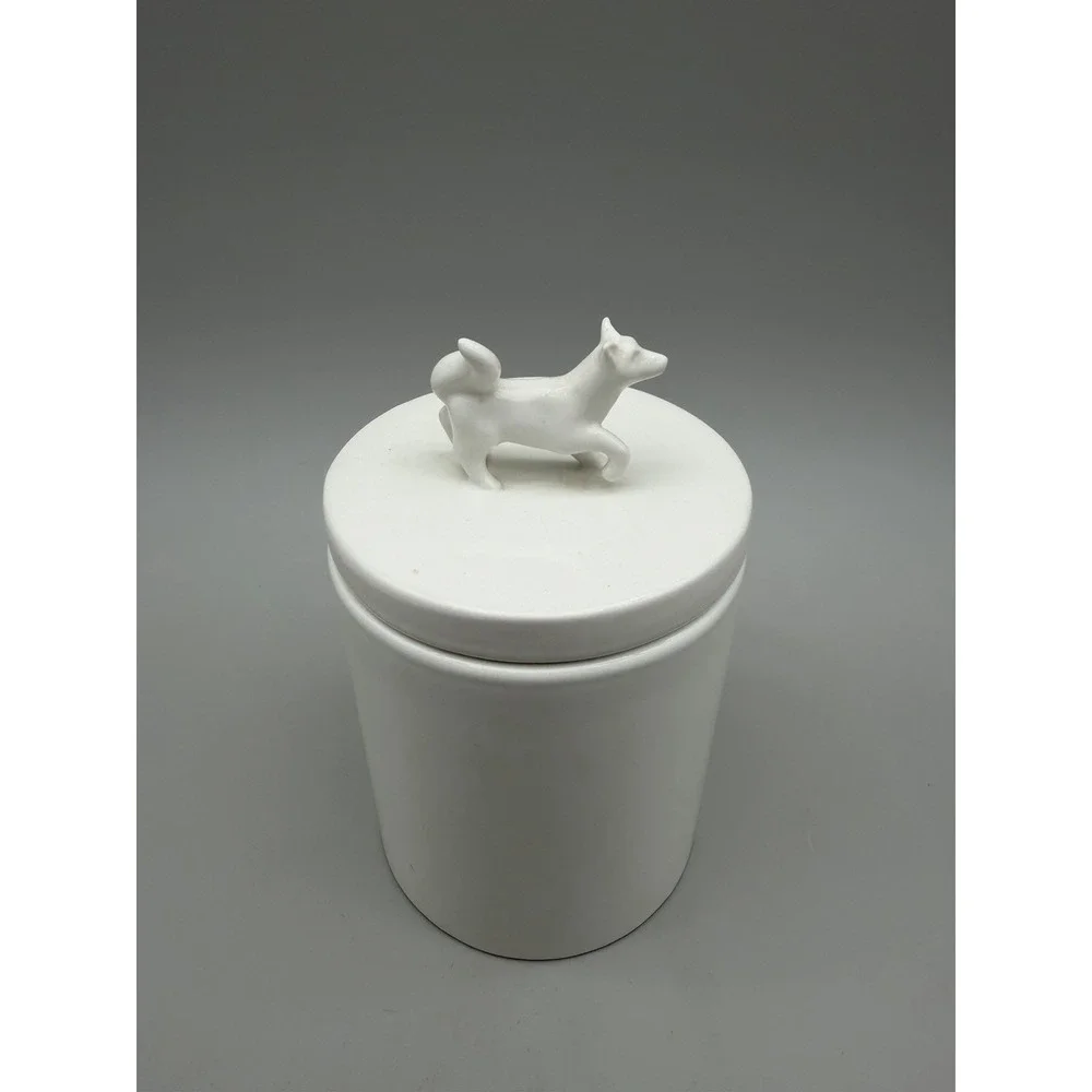 West Elm White Ceramic Canister w/ Dog Lid – Modern Kitchen Storage Jar